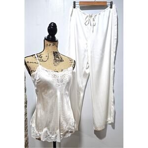 NK IMODE 100% Silk Pajama Set, White, Long Drawstring Pants (L) & Chemise(S)